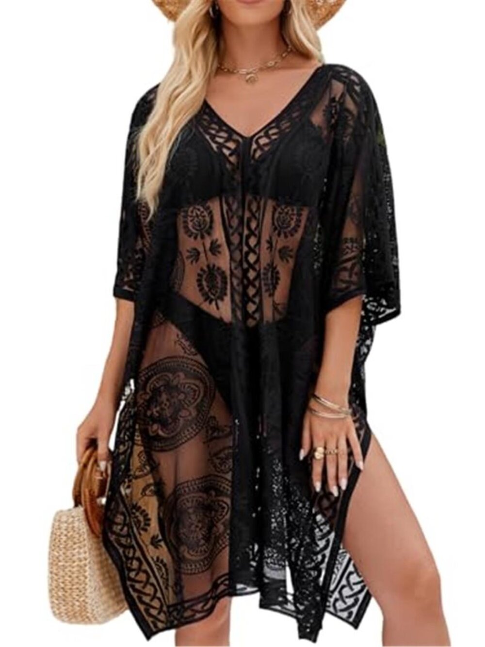 Womens Lace Beach Cover Up V Neck Swimsuit Coverup Sheer Bikini Dress Maxi